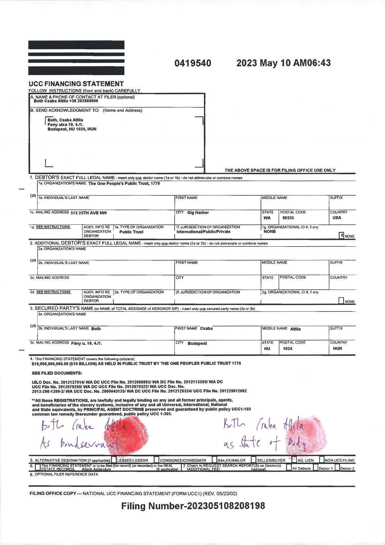 UCC FINANCING STATEMENT SIGNED