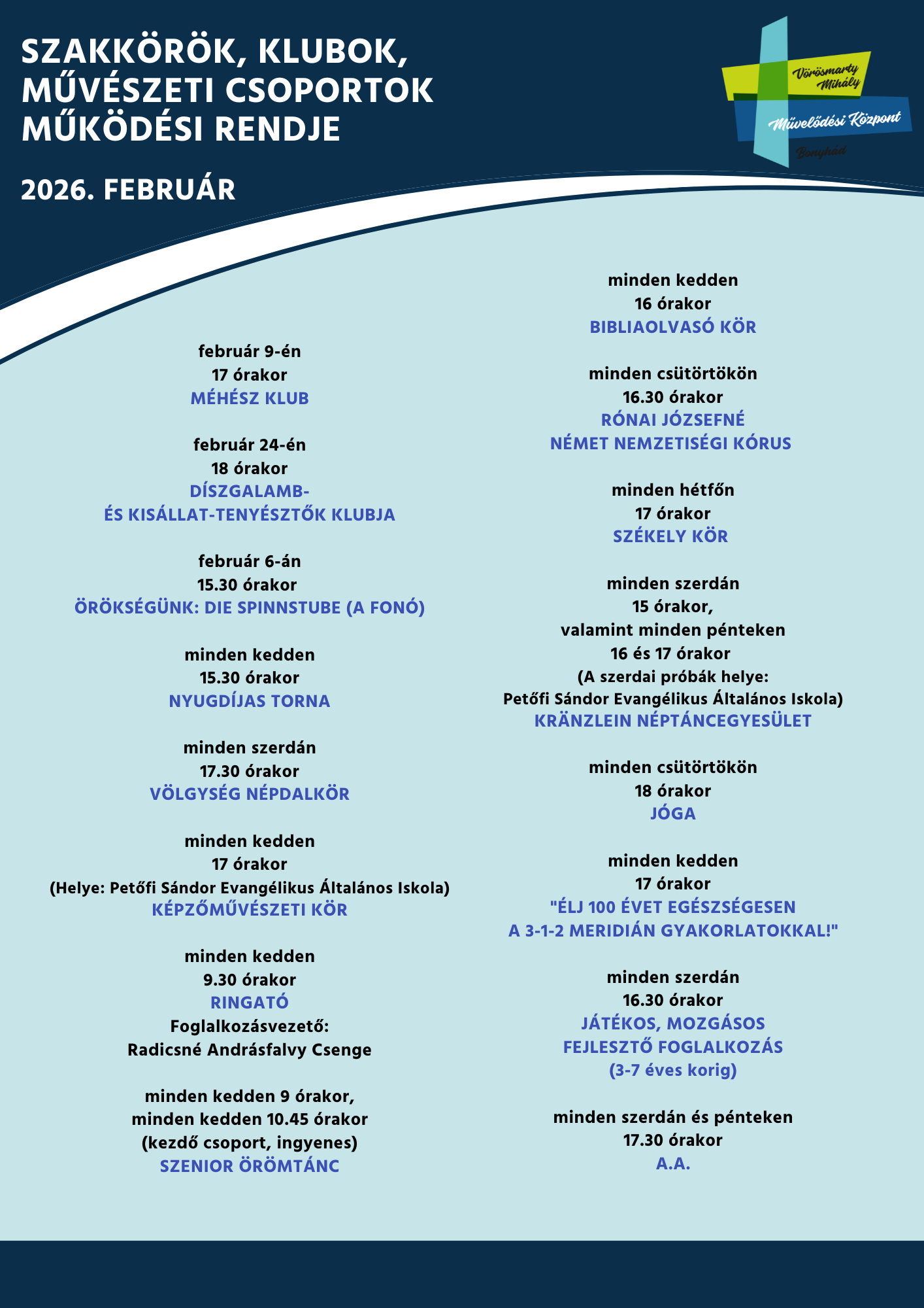 február 9-én 17 órakor MÉHÉSZ KLUB február 24-én 18 órakor DÍSZGALAMB- ÉS KISÁLLAT-TENYÉSZTŐK KLUBJA február 6-án 15.30 órakor örökségünk: die spinnstube (a fonó) minden kedden 15.30 órakor NYUGDÍJAS TORNA minden szerdán 17.30 órakor VÖLGYSÉG NÉPDALKÖR minden kedden 17 órakor (Helye: Petőfi Sándor Evangélikus Általános Iskola) KÉPZŐMŰVÉSZETI KÖR minden kedden 9.30 órakor RINGATÓ Foglalkozásvezető: Radicsné Andrásfalvy Csenge minden kedden 9 órakor, minden kedden 10.45 órakor (kezdő csoport, ingyenes) SZENIOR ÖRÖMTÁNC minden kedden 16 órakor BIBLIAOLVASÓ KÖR minden csütörtökön 16.30 órakor Rónai Józsefné Német Nemzetiségi Kórus minden hétfőn 17 órakor SZÉKELY KÖR minden szerdán 15 órakor, valamint minden pénteken 16 és 17 órakor (A szerdai próbák helye: Petőfi Sándor Evangélikus Általános Iskola) KRÄNZLEIN NÉPTÁNCEGYESÜLET minden csütörtökön 18 órakor JÓGA minden kedden 17 órakor
