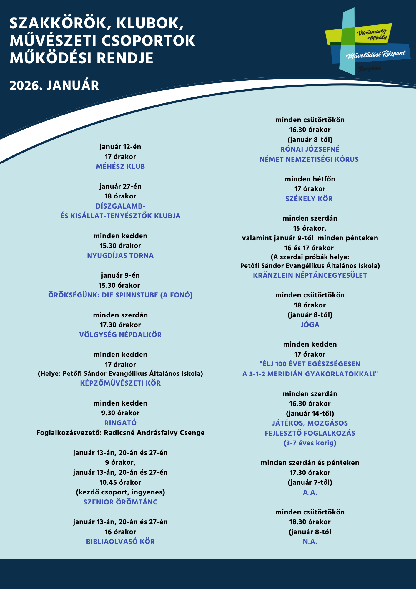 janu&aacute;r 12-&eacute;n 17 &oacute;rakor M&Eacute;H&Eacute;SZ KLUB    janu&aacute;r 9-&eacute;n 15.30 &oacute;rakor &Ouml;R&Ouml;KS&Eacute;G&Uuml;NK: DIE SPINNSTUBE - A FON&Oacute;  janu&aacute;r 27-&eacute;n 18 &oacute;rakor D&Iacute;SZGALAMB- &Eacute;S KIS&Aacute;LLAT-TENY&Eacute;SZTŐK KLUBJA  janu&aacute;r 13-&aacute;n, 20-&aacute;n &eacute;s 27-&eacute;n 16 &oacute;rakor BIBLIAOLVAS&Oacute; K&Ouml;R  minden kedden 17 &oacute;rakor (Helye: Petőfi S&aacute;ndor Evang&eacute;likus &Aacute;ltal&aacute;nos Iskola) BONYH&Aacute;DI K&Eacute;PZŐMŰV&Eacute;SZETI K&Ouml;R   minden h&eacute;tfőn 17 &oacute;rakor SZ&Eacute;KELY K&Ouml;R   minden szerd&aacute;n 15 &oacute;rakor,  valamint janu&aacute;r 9-től  minden p&eacute;nteken 16 &eacute;s 17 &oacute;rakor (A szerdai pr&oacute;b&aacute;k helye: Petőfi S&aacute;ndor Evang&eacute;likus &Aacute;ltal&aacute;nos Iskola) KR&Auml;NZLEIN N&Eacute;PT&Aacute;NC EGYES&Uuml;LET   minden kedden 9.30 &oacute;rakor RINGAT&Oacute;  Foglalkoz&aacute;svezető: Radicsn&eacute; Andr&aacute;sfalvy Csenge  minden szerd&aacute;n 16.30 &oacute;rakor (janu&aacute;r 14-től) J&Aacute;T&Eacute;KOS, MOZG&Aacute;SOS FEJLESZTŐ FOGLALKOZ&Aacute;S (3-7 &eacute;ves korig)  minden cs&uuml;t&ouml;rt&ouml;k&ouml;n 16.30 &oacute;rakor (janu&aacute;r 8-t&oacute;l) R&Oacute;NAI J&Oacute;ZSEFN&Eacute; N&Eacute;MET NEMZETIS&Eacute;GI K&Oacute;RUS  minden kedden 9.00-10.30 (halad&oacute; csoport) 10.45-11.45 (kezdő csoport, ingyenes) (janu&aacute;r 13-t&oacute;l) SZENIOR &Ouml;R&Ouml;MT&Aacute;NC  minden kedden 15.30 &oacute;rakor  NYUGD&Iacute;JAS TORNA  minden cs&uuml;t&ouml;rt&ouml;k&ouml;n 18 &oacute;rakor (janu&aacute;r 8-t&oacute;l) J&Oacute;GA   minden szerd&aacute;n 17.30 &oacute;rakor V&Ouml;LGYS&Eacute;G N&Eacute;PDALK&Ouml;R  minden kedden 17 &oacute;rakor &bdquo;&Eacute;LJ 100 &Eacute;VET EG&Eacute;SZS&Eacute;GESEN A 3-1-2 MERIDI&Aacute;N GYAKORLATOKKAL   minden szerd&aacute;n &eacute;s p&eacute;nteken 17.30 &oacute;rakor (janu&aacute;r 7-től) A.A.  minden cs&uuml;t&ouml;rt&ouml;k 18.30 &oacute;rakor (janu&aacute;r 8-t&oacute;l) N.A.