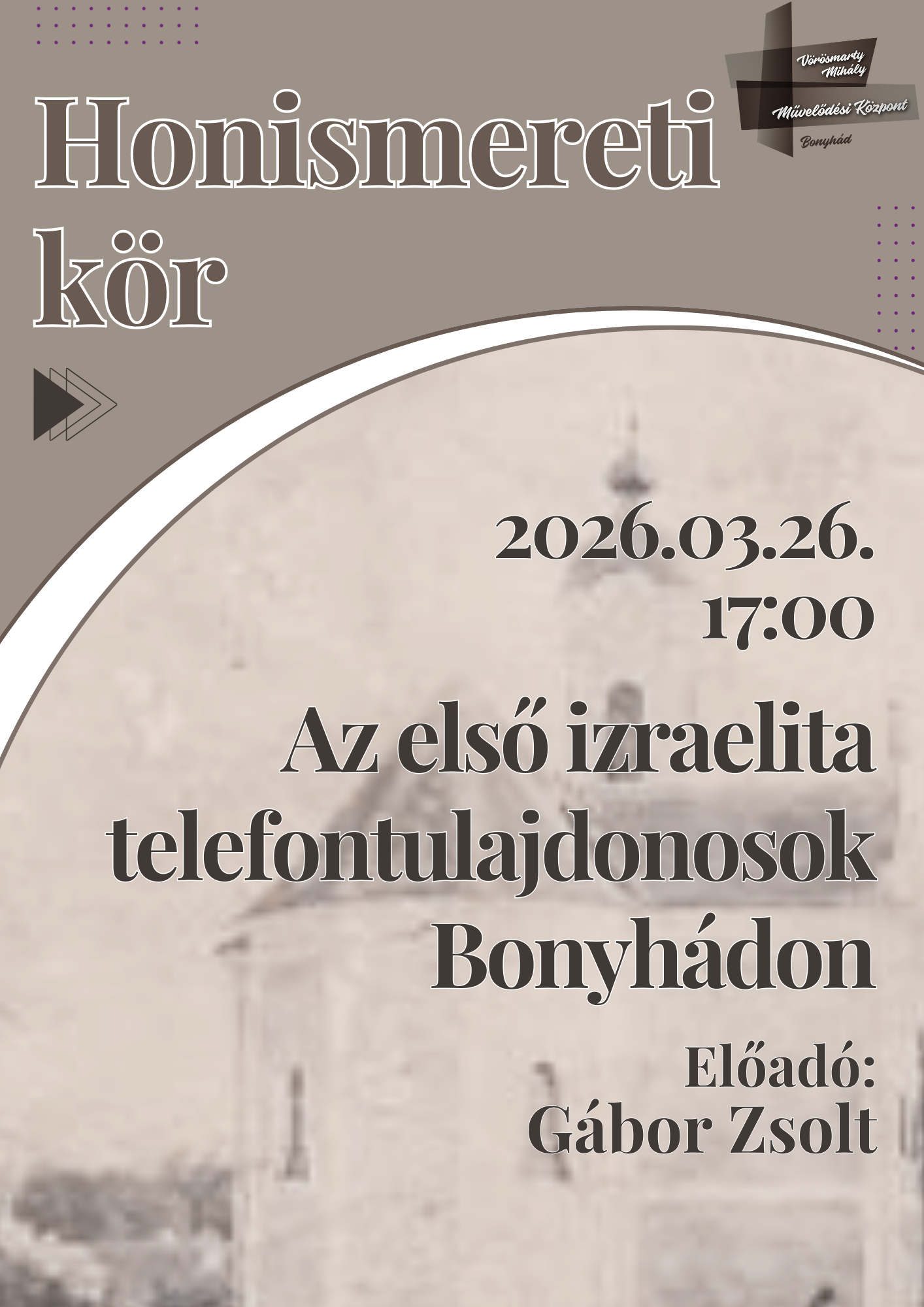 HONISMERETI KÖR március 26-án 17 órakor Az első izraelita telefontulajdonosok Bonyhádon Előadó: Gábor Zsolt